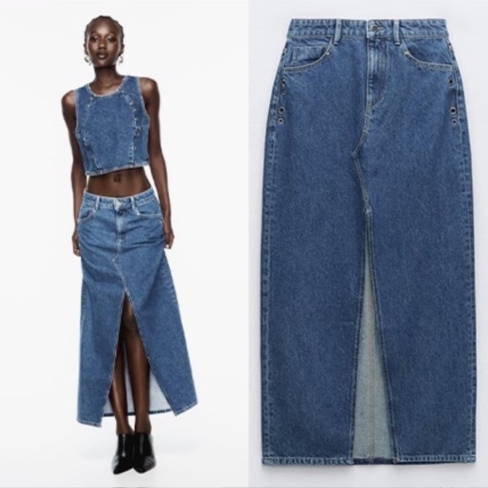 Blue Denim Maxi Skirt with Front Slit